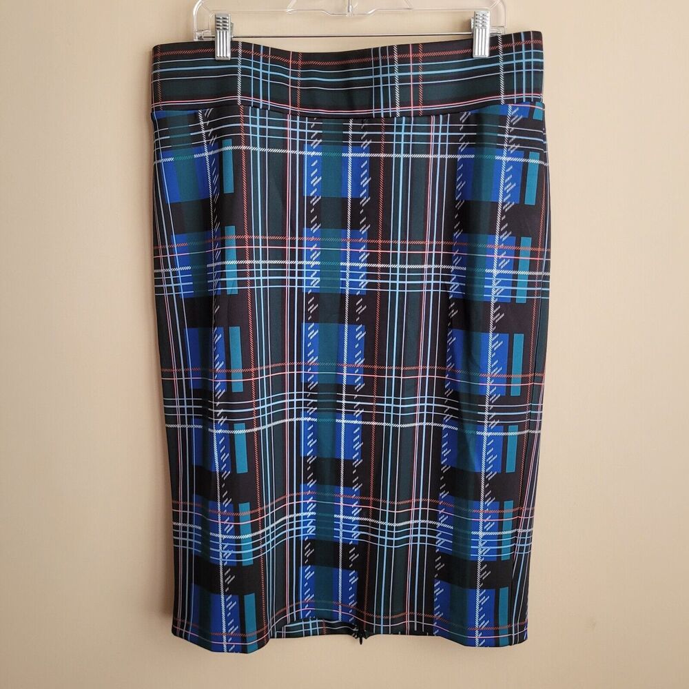 Eloquii Womens Neoprene Pencil Skirt Plus Size 16 Green Blue Plaid Scuba Knit